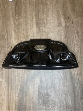 Franco Sarto Black Patent Clutch Handbag with Silver Tone Hardware